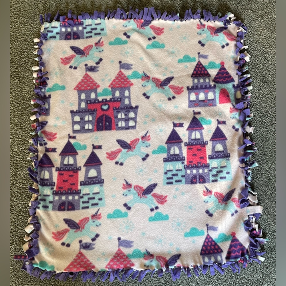 Handcrafted Baby/Child Blanket. Purple, Red, Green/Teal with Castles & Unicorns!